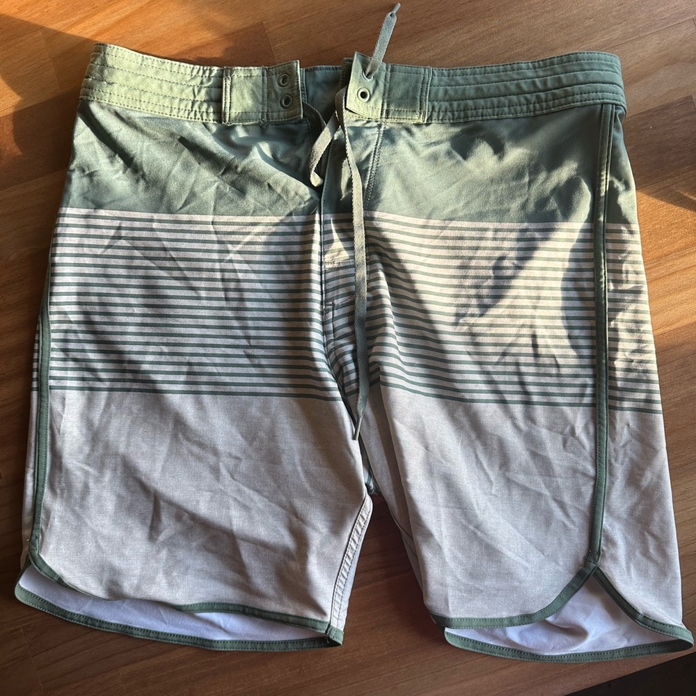 Green and White Striped Men's Swim Shorts